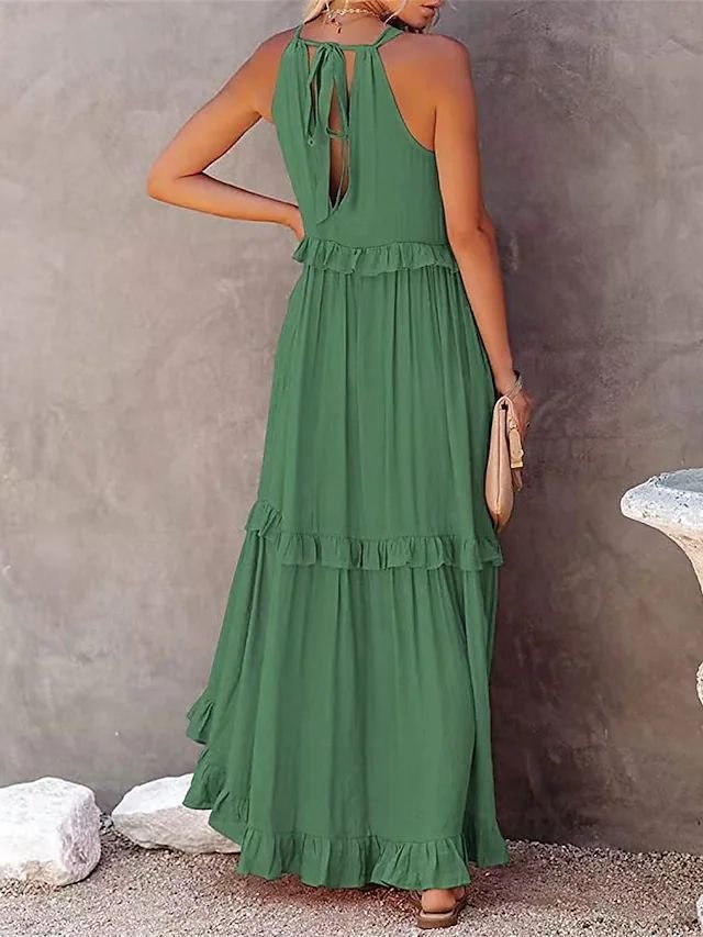 b2664528-6b33-4c7b-8f9f-95394785b292.jpg Summer Vacation Style Halter Neck Long Dresses Women Fashion Backless Leace-up Loose Ruffles Beach Dress Elegant Ladies Vestidos - Image 6