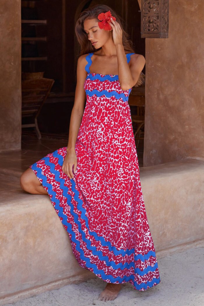 Flowers Print Wavy Pattern Suspender Long Dress For Women Fashion A-Line Beach Dresses Womens Clothing - Image 2