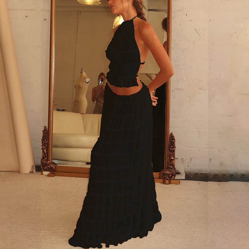 b5a42560-0ddb-49d1-8369-e4f8fe656cca.jpg 2pcs Women's Dress Suit Sexy Sleeveless Backless Cropped Halter Top And Pleated Long Skirt Beach Clothing - Image 9
