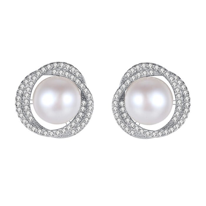 Diamond Rose Pearl Stud Earrings All-match Silver Needle Inlaid With Rhinestone - Image 5