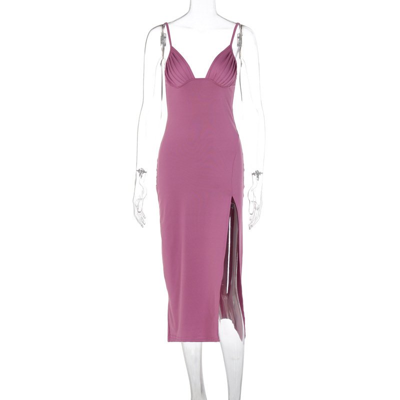 ba828073-21a8-47a7-8a10-bd567d36a76d.jpg Spaghetti Strap Dress With Split Design Deep V-neck Sleeveless Backless Bodycon Party Dresses For Womens Clothing - Image 5