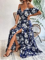 Ins Off-Shoulder Split Dress Summer Floral Print Suspender Long Dresses With Belt Design Women's Beach Clothing - Image 8