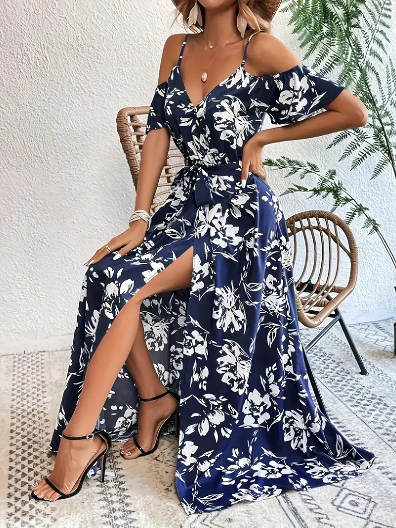 bb3266b2-4e19-4007-ba04-ef24d402fcf2.jpg Ins Off-Shoulder Split Dress Summer Floral Print Suspender Long Dresses With Belt Design Women's Beach Clothing - Image 8