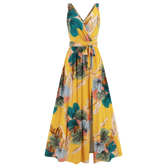 V-neck Floral Print Long Dress Summer Fashion Waist Tie Slit Design Sleeveless Dress For Womens Clothing - Image 10