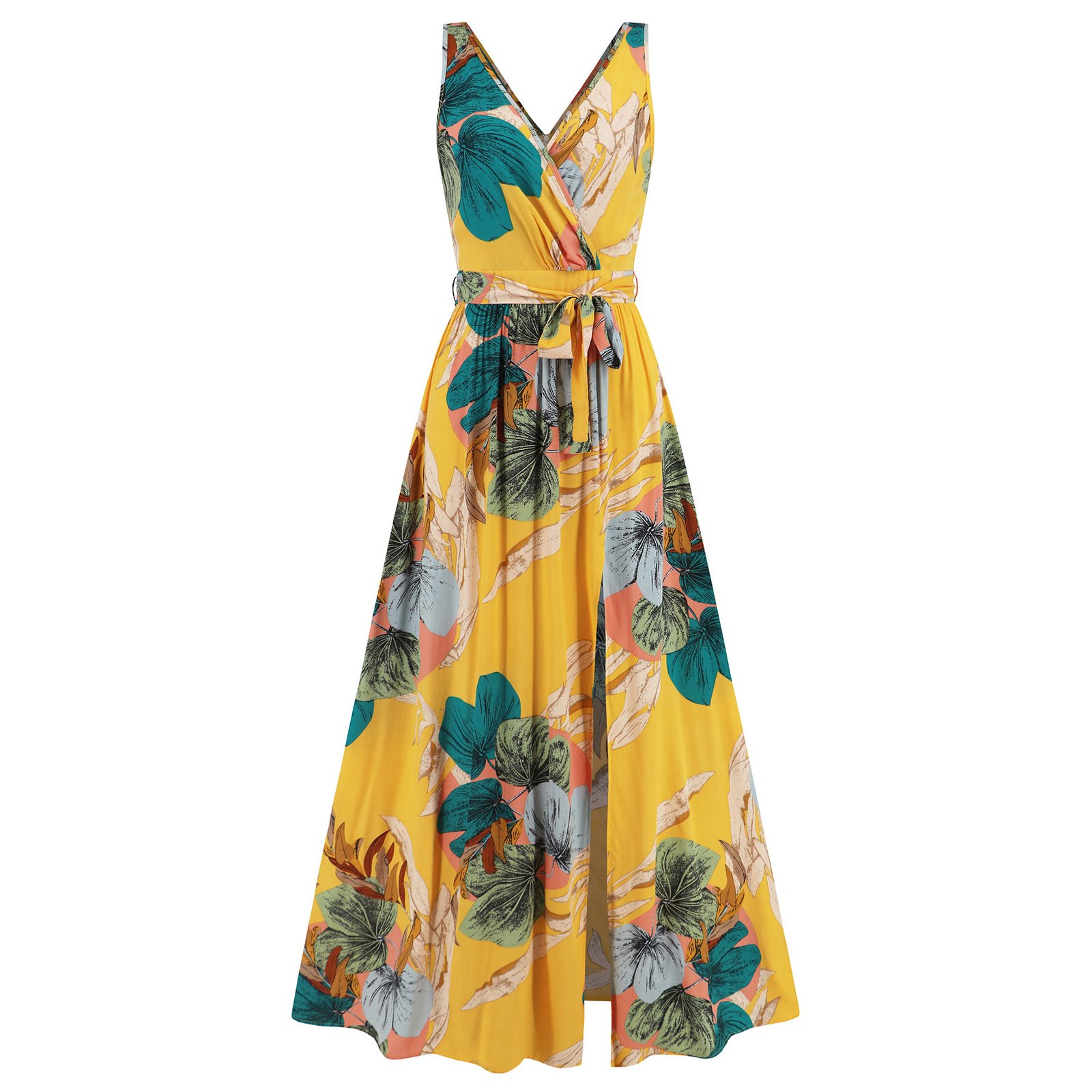 c04e6f96-ab24-482d-ba5d-4d6691fd246a.jpg V-neck Floral Print Long Dress Summer Fashion Waist Tie Slit Design Sleeveless Dress For Womens Clothing - Image 10