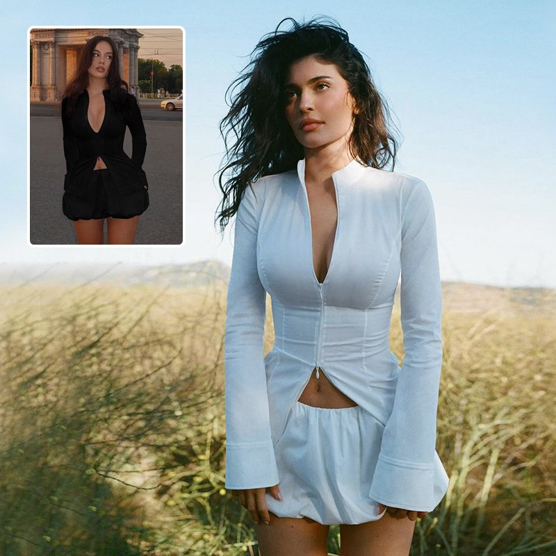 c66e850a-37b6-4e94-9fdc-29de43d9cc06.jpg Slim Suits V-neck ZIpper Long-sleeved Top And Mini Skirt Ins Fashion Two-piece Set Women Clothing - Image 1
