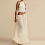 2pcs Women's Dress Suit Sexy Sleeveless Backless Cropped Halter Top And Pleated Long Skirt Beach Clothing - Image 2