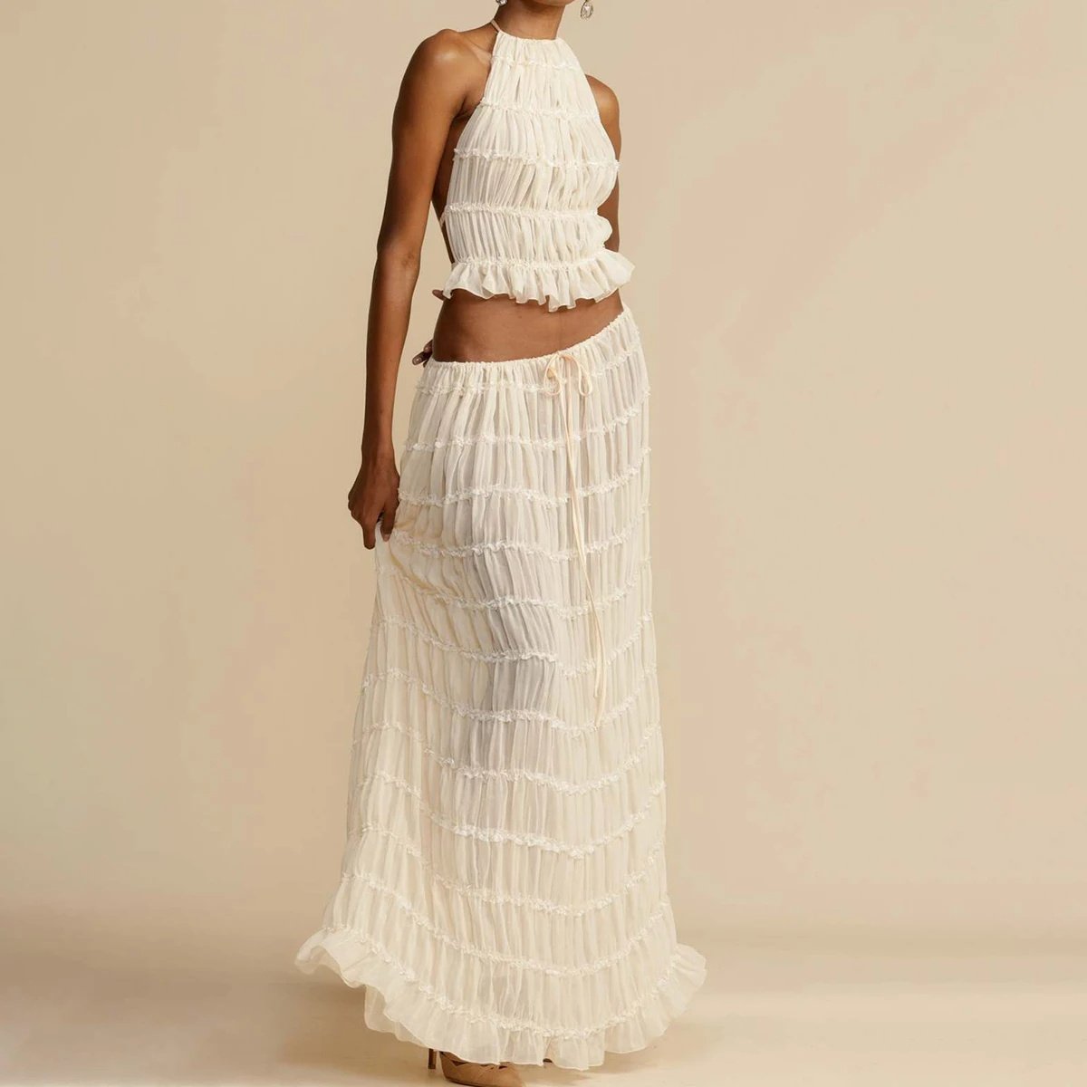 c72cdbaa-6f61-4bfe-a5a3-77ee0846a1eb.jpg 2pcs Women's Dress Suit Sexy Sleeveless Backless Cropped Halter Top And Pleated Long Skirt Beach Clothing - Image 2