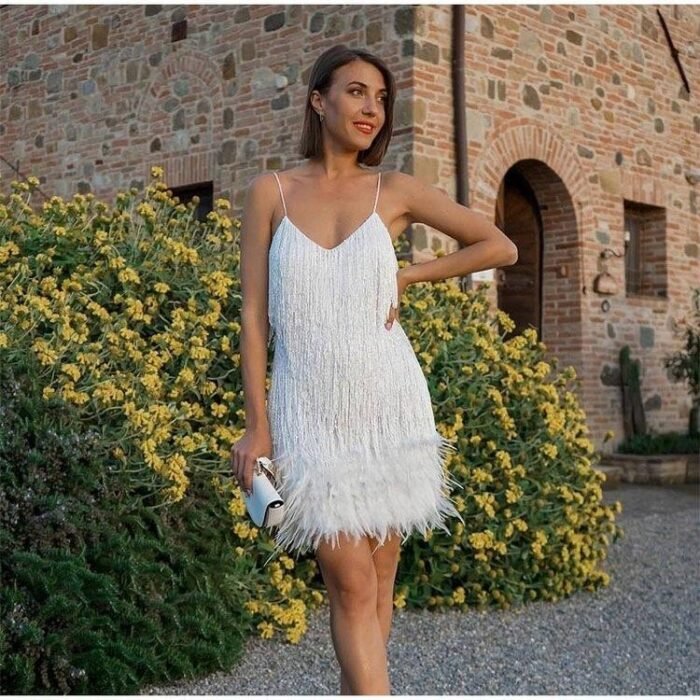 Sexy Tassel Sequins Feather Summer Mini Dress Women V Neck Spaghetti Strap Stitching Dresses Female Elegant Evening Party Club Dress - Image 4