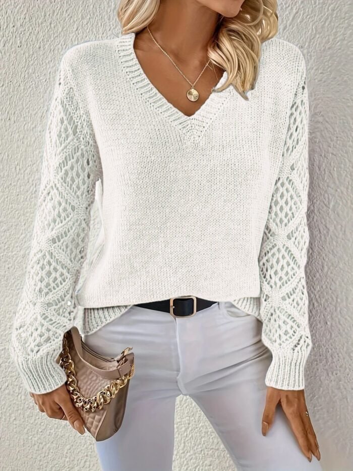 Loose Hollow Knitted Sweater Long-sleeved Pullover V-neck Top Women's Clothing - Image 4