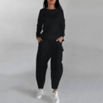 Solid Color Fashion Sweatshirt Long Sleeve Back Slit Top With Pockets Loose Trousers Women's Clothing - Image 3