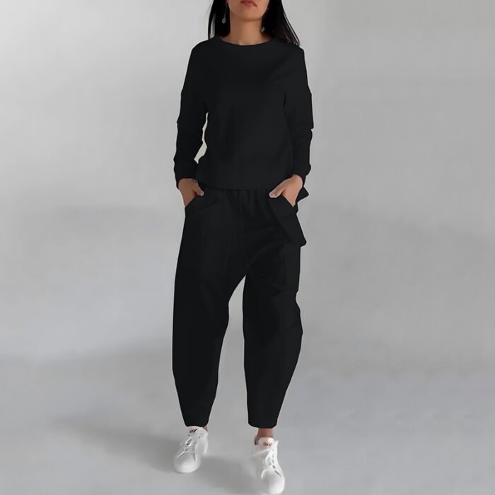 Solid Color Fashion Sweatshirt Long Sleeve Back Slit Top With Pockets Loose Trousers Women's Clothing - Image 3