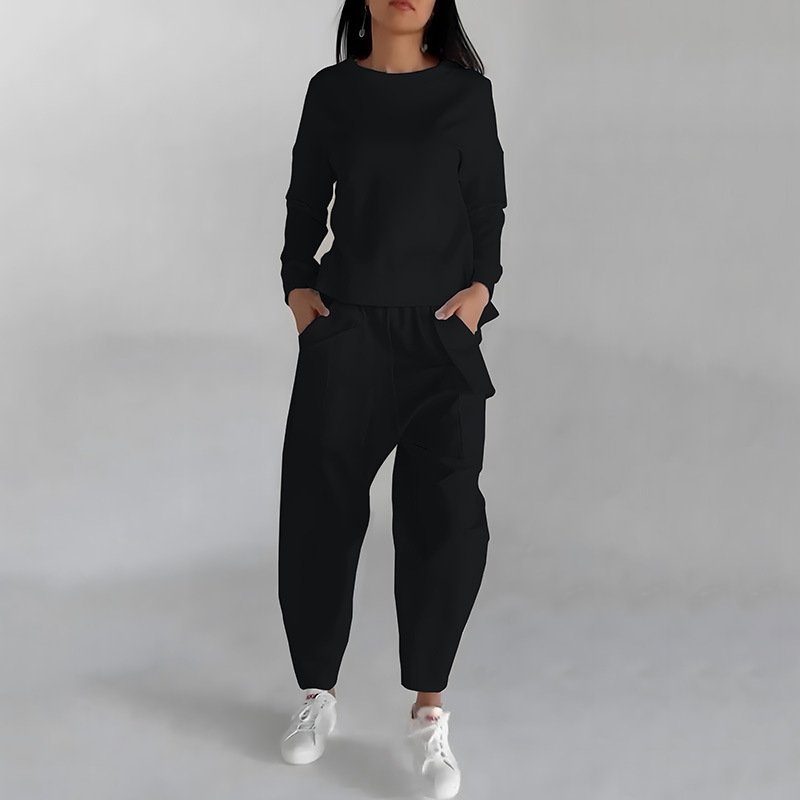 ccc734fb-cf95-40e3-bbb2-e9c41a8e4186.jpg Solid Color Fashion Sweatshirt Long Sleeve Back Slit Top With Pockets Loose Trousers Women's Clothing - Image 3