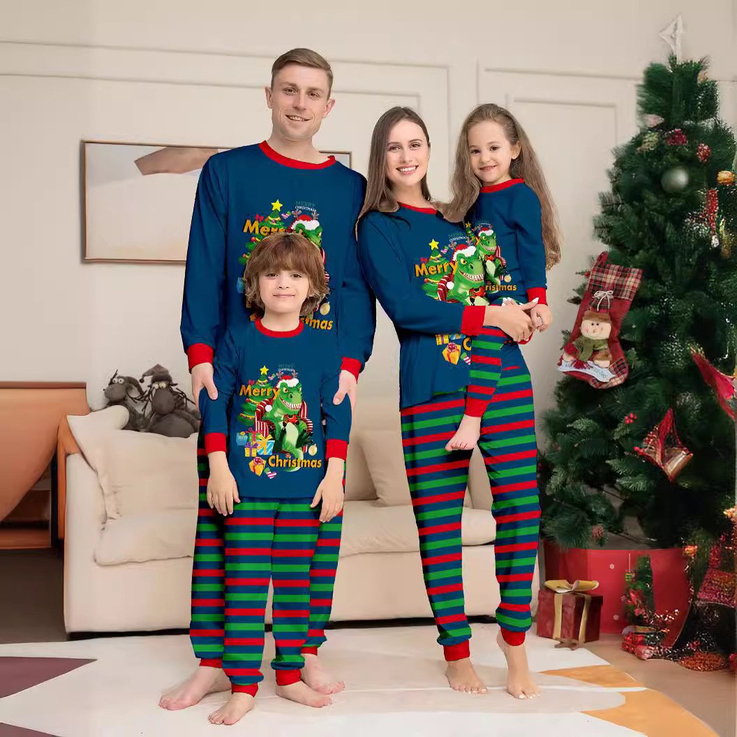 cd9449f8-06bb-494a-8991-e334c497f429.jpg Tyrannosaurus Letter Christmas Tree Printing Parent-child Suit Pajamas - Image 2