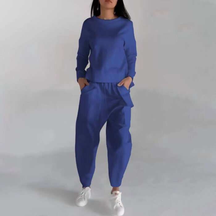 Solid Color Fashion Sweatshirt Long Sleeve Back Slit Top With Pockets Loose Trousers Women's Clothing - Image 7