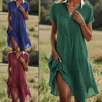 Summer Polka Dot Print Dress Fashion Casual V-Neck Short Sleeve Dresses Beach Daily Clothing For Women