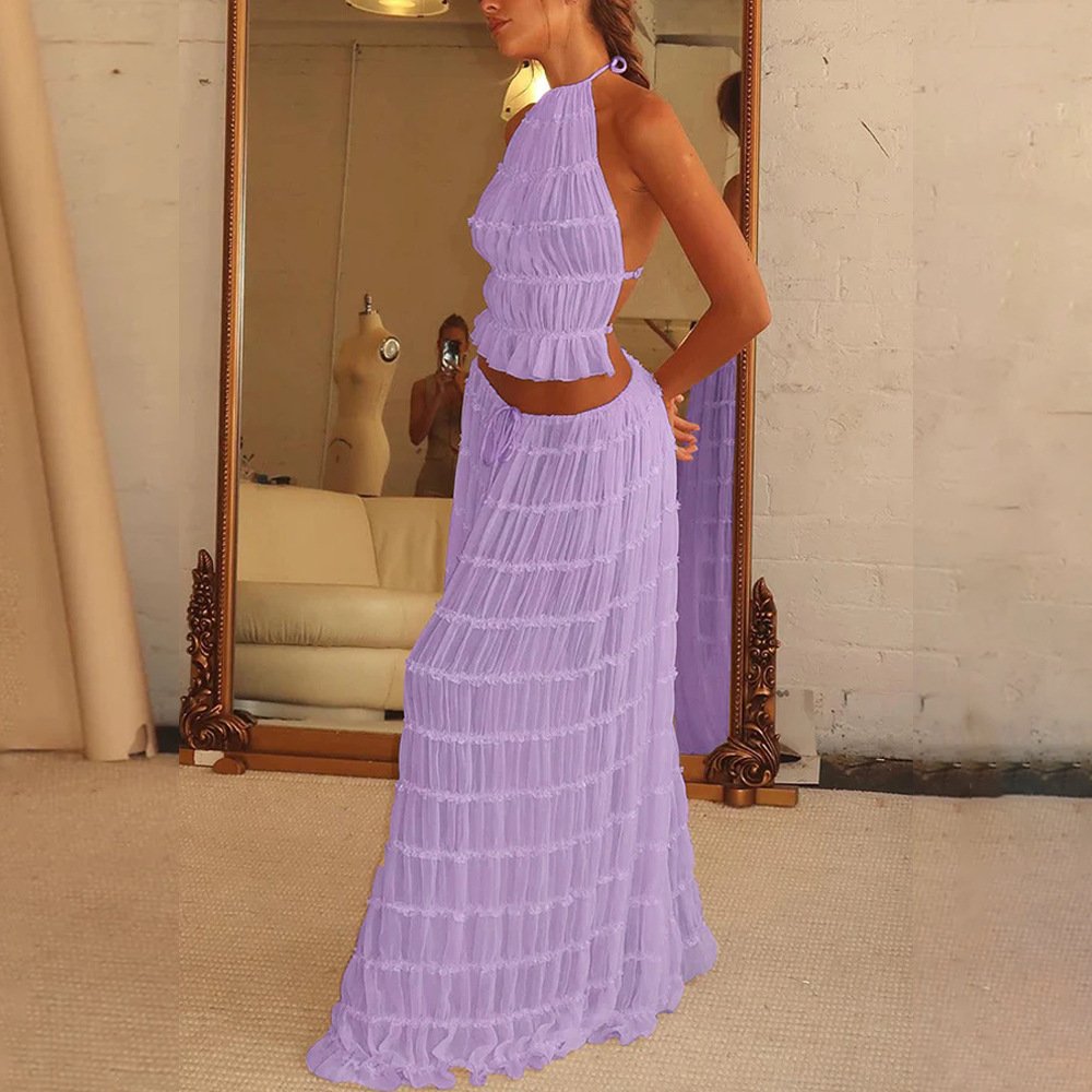 d77edae3-7d5a-47b6-be3c-ee8db67615af.jpg 2pcs Women's Dress Suit Sexy Sleeveless Backless Cropped Halter Top And Pleated Long Skirt Beach Clothing - Image 10