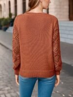 Loose Hollow Knitted Sweater Long-sleeved Pullover V-neck Top Women's Clothing - Image 2