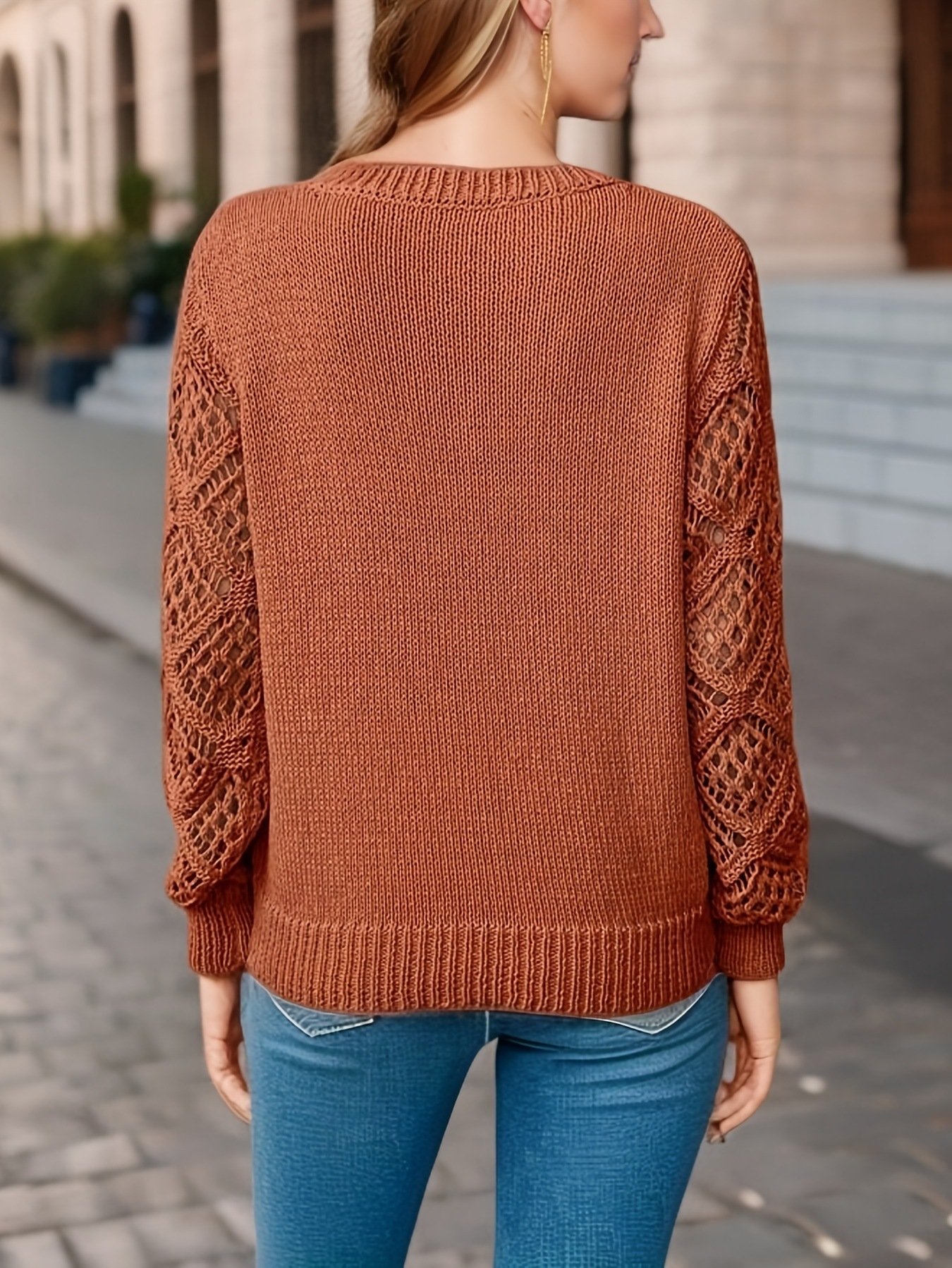 defc8184-6663-40ee-97c6-a9cccd0d82bd.jpg Loose Hollow Knitted Sweater Long-sleeved Pullover V-neck Top Women's Clothing - Image 2