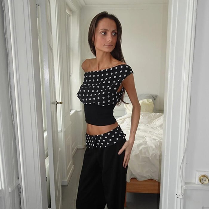 Polka Dots Print Oblique Shoulder Tops Summer Patchwork Chiffon Crop Top Women Sexy Sleeveless Lace Up Backless Blouse Casual Streetwear Tee - Image 9