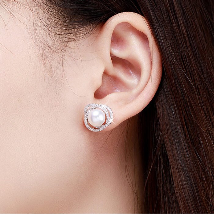 Diamond Rose Pearl Stud Earrings All-match Silver Needle Inlaid With Rhinestone - Image 4