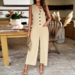 Fashion Sleeveless Jumpsuit With Button Design Casual Temperament Wide Leg Pants For Womens Clothing - Image 7