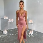 Spaghetti Strap Dress With Split Design Deep V-neck Sleeveless Backless Bodycon Party Dresses For Womens Clothing - Image 2
