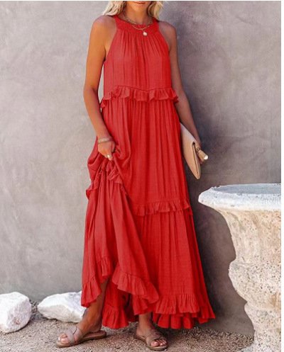 e28bee71-d10b-4f4e-af02-81d0a57cff1b.jpg Summer Vacation Style Halter Neck Long Dresses Women Fashion Backless Leace-up Loose Ruffles Beach Dress Elegant Ladies Vestidos - Image 8