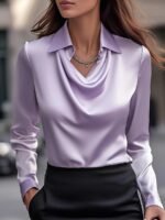 Women's Swing Collar Draped Shirts & Blouses Elegant Solid Satin Office Ladies Top Pullover Spring Long Sleeve Casual Tops - Image 7