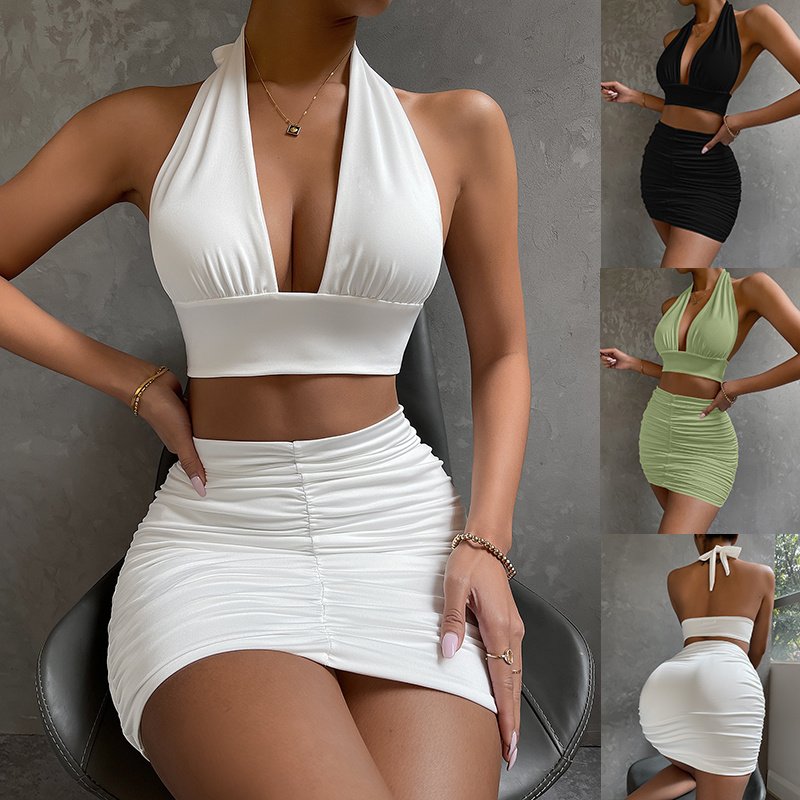 e699613e-2830-4205-adb3-5d77442400d5.jpg 2pcs Dress Suits For Women Halter Lace-up Hip Top And Pleated Hip-covering Skirt - Image 1