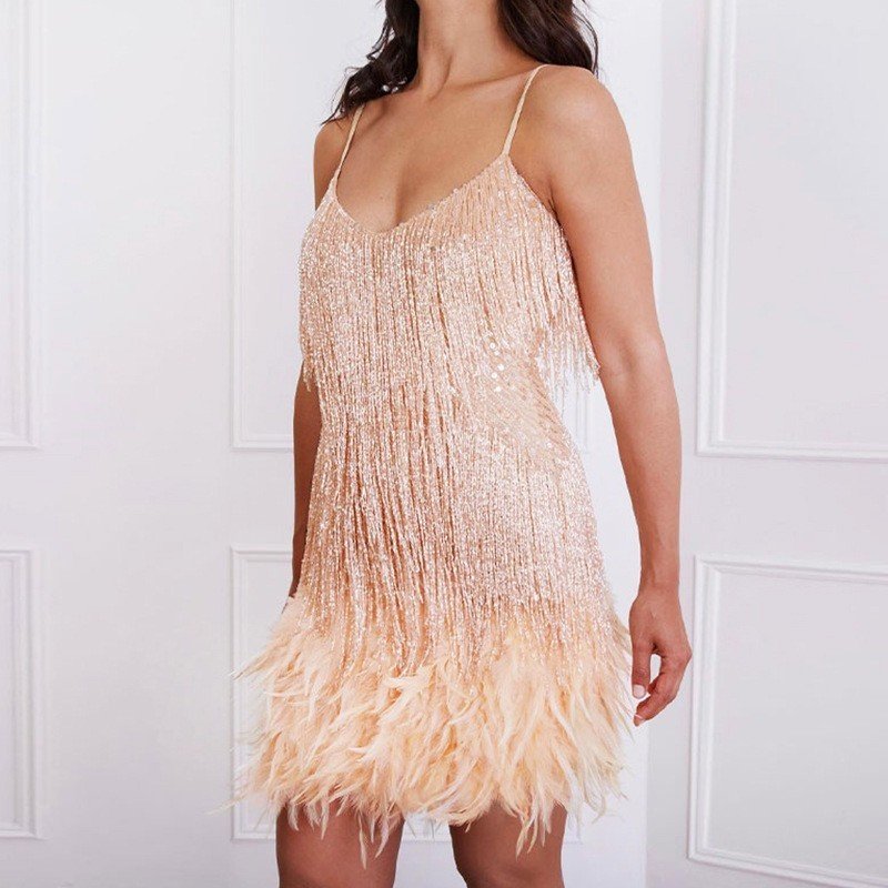 e9fa8e3a-e767-4864-a56a-c4b907d1c5d0.jpg Sexy Tassel Sequins Feather Summer Mini Dress Women V Neck Spaghetti Strap Stitching Dresses Female Elegant Evening Party Club Dress - Image 7