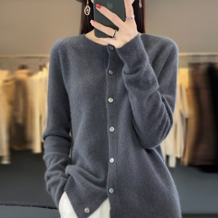 Women's Cashmere Cardigan O-neck Loose Sweaters Top Fashion Merino Wool Knitwear Autumn Winter Female Clothing Tops - Image 4