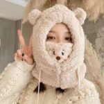 Cute Bear Plush Hat Winter Warm Thickened Scarf With Mask Anf Drawstring Design - Image 6