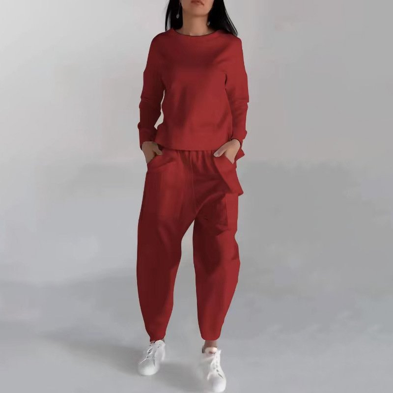 ed8c96e2-1f43-40ef-b79e-cf47883cece5.jpg Solid Color Fashion Sweatshirt Long Sleeve Back Slit Top With Pockets Loose Trousers Women's Clothing - Image 6