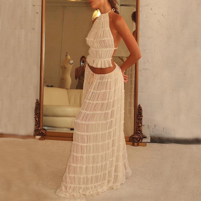 ee17e6b0-0716-4520-a2e1-f2f10f22ca39.jpg 2pcs Women's Dress Suit Sexy Sleeveless Backless Cropped Halter Top And Pleated Long Skirt Beach Clothing - Image 5