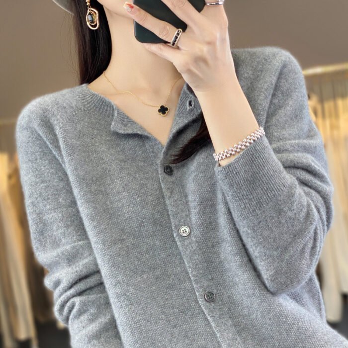 Women's Cashmere Cardigan O-neck Loose Sweaters Top Fashion Merino Wool Knitwear Autumn Winter Female Clothing Tops - Image 2