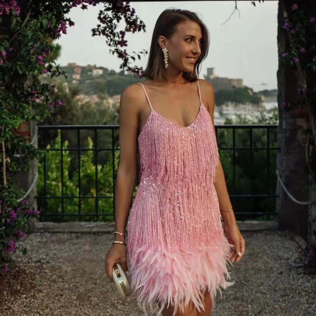 efc264c0-8e63-4d8c-8ad1-599c460ba360.jpg Sexy Tassel Sequins Feather Summer Mini Dress Women V Neck Spaghetti Strap Stitching Dresses Female Elegant Evening Party Club Dress - Image 8