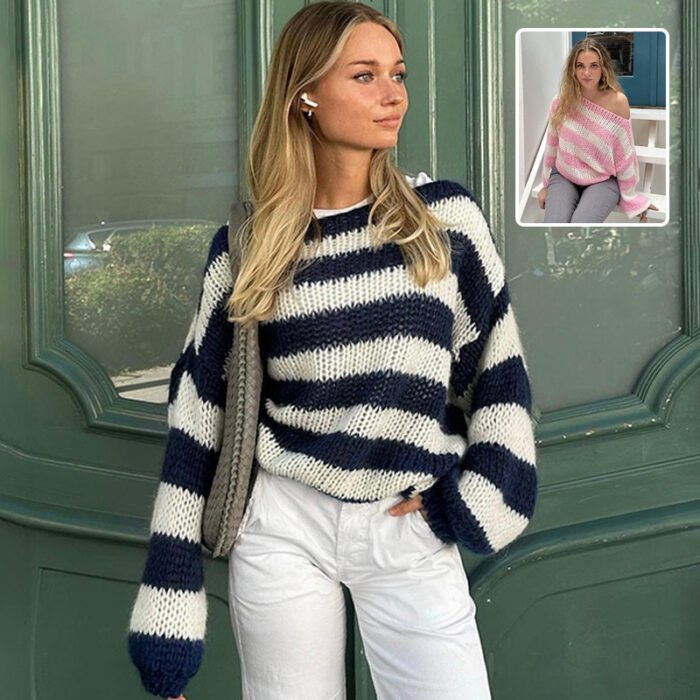 Loose Striped Pullover Sweater Fashion Versatile Long-sleeved Knitted Tops For Women Clothing - Image 1