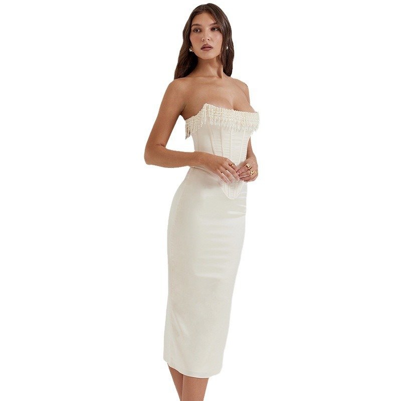 f4ff01b7-158e-4f49-9ee4-2b93944f64f0.jpg Solid Color Sleeveless Cold-shoulder Pearl Fishbone Dress Skirt Women's Dress - Image 5