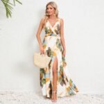 V-neck Floral Print Long Dress Summer Fashion Waist Tie Slit Design Sleeveless Dress For Womens Clothing - Image 4