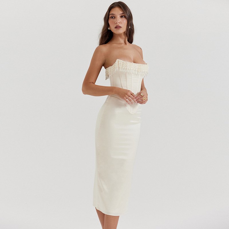 fbee95ba-0d8f-417f-a7de-2187cc49f8cd.jpg Solid Color Sleeveless Cold-shoulder Pearl Fishbone Dress Skirt Women's Dress - Image 1