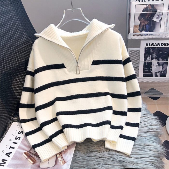 Loose Fashion Zipper Striped Sweater - Image 1