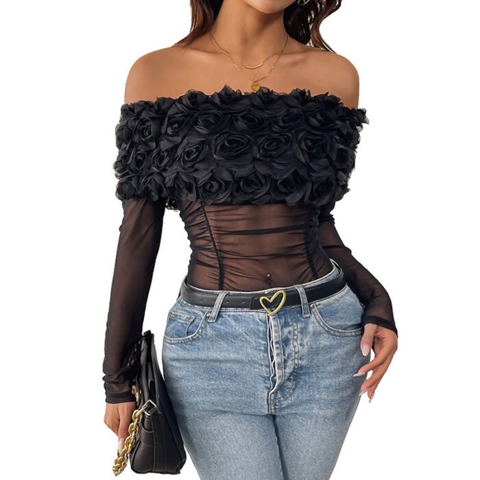 Off-the-shoulder Three-dimensional Flower Pure Color Tight Jumpsuit - Image 5