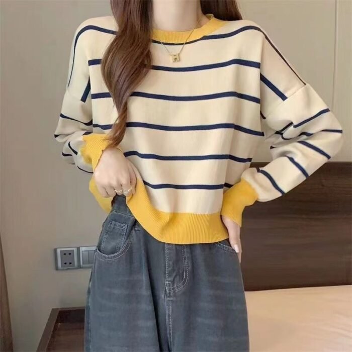 Round Neck Striped Pullover Short Long Sleeve Slim Fit - Image 2