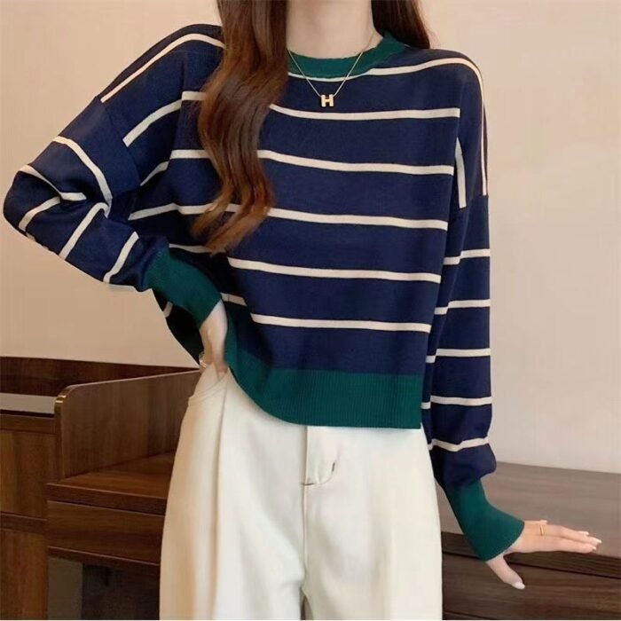 Round Neck Striped Pullover Short Long Sleeve Slim Fit - Image 6