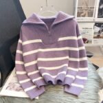 Loose Fashion Zipper Striped Sweater - Image 9