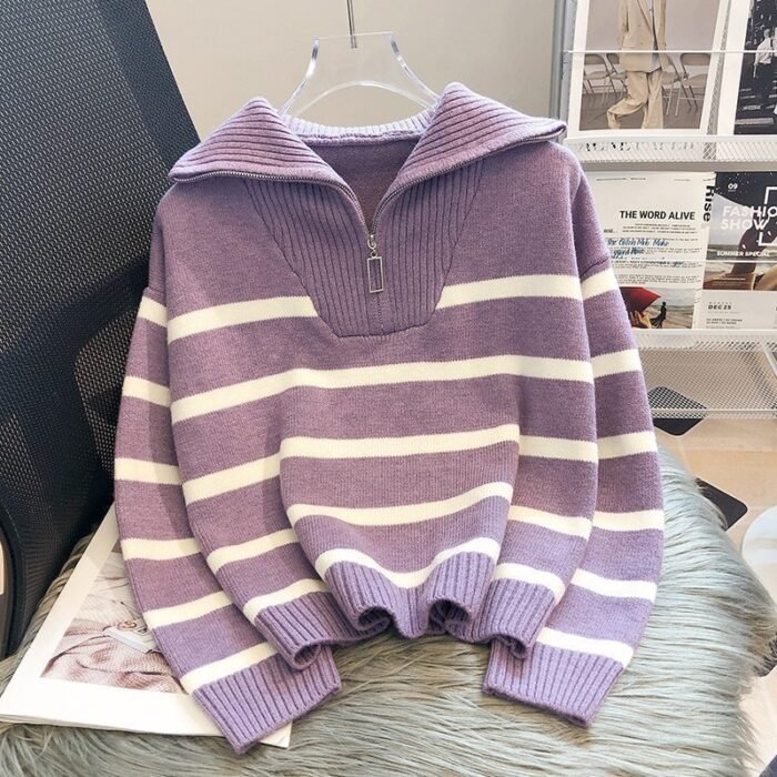 Loose Fashion Zipper Striped Sweater - Image 9