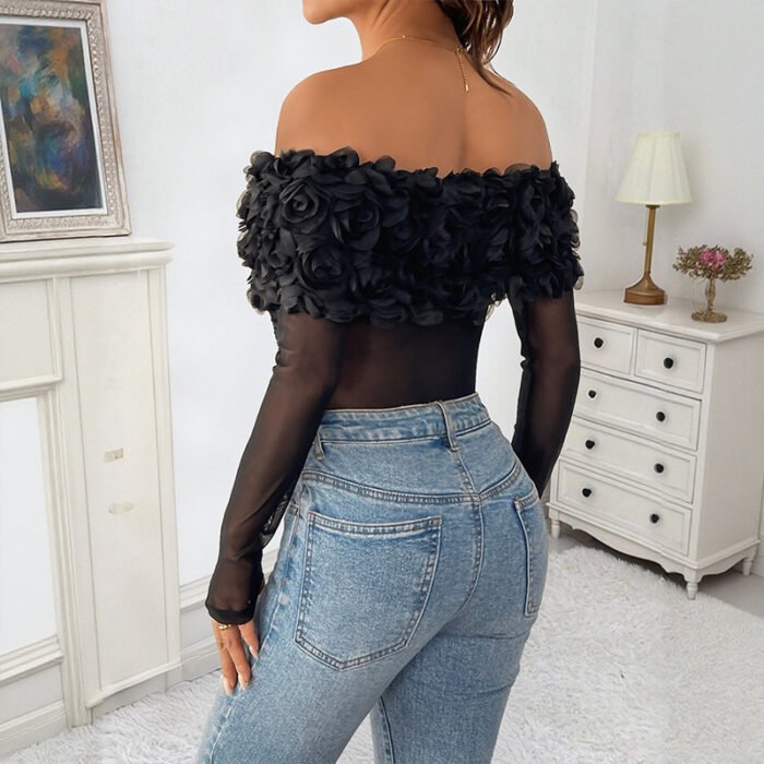 Off-the-shoulder Three-dimensional Flower Pure Color Tight Jumpsuit - Image 4