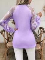 Women's V-neck Long Sleeve Stitching Lace Fashion Tops - Image 5