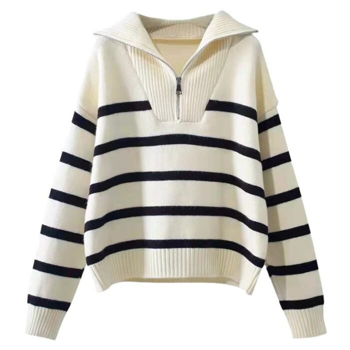 Loose Fashion Zipper Striped Sweater - Image 5